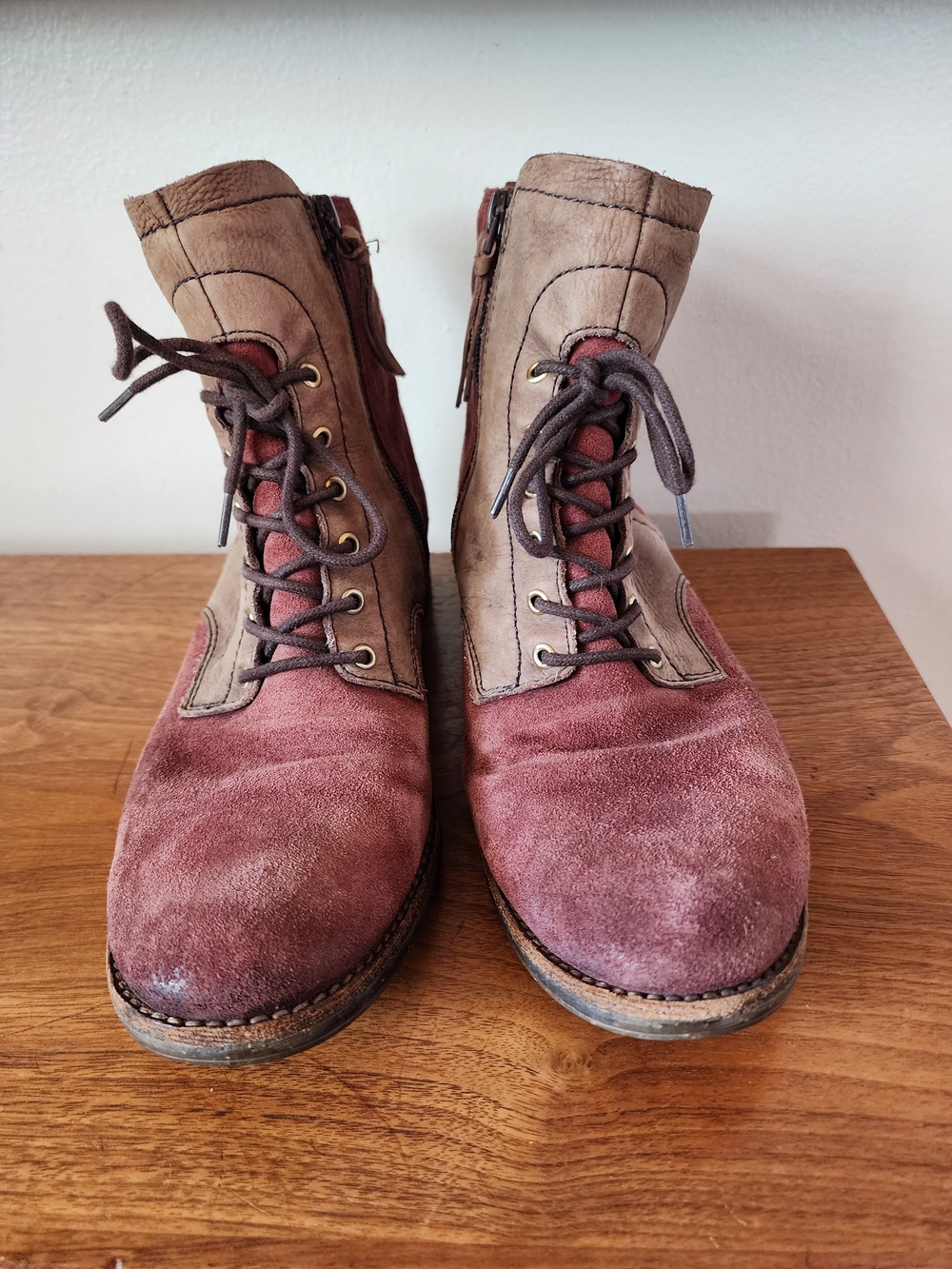 Naya Two-Tone Suede Lace-Up Ankle Boots - Mauve and Taupe